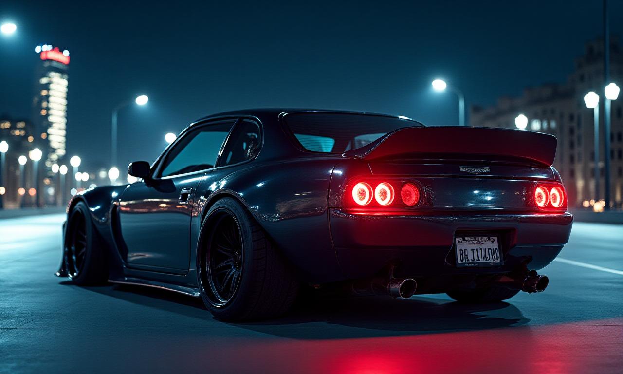 Sleek, modified performance car under city lights. Rear view showing exhaust and wide tires.